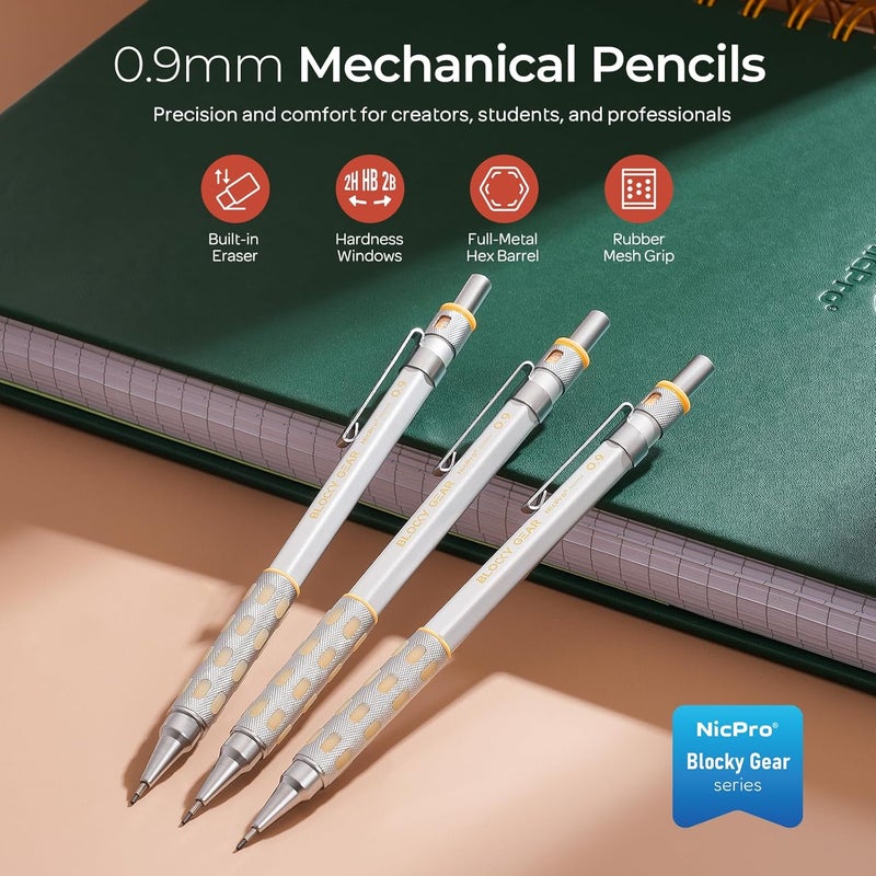 Nicpro Blocky Gear 0.9 mm Mechanical Pencils Set in Case, 3 Pack Metal Pencil 8 Tube with Lead Refills 0.9mm (HB 2B), 3 Erasers for Professional & Adult Art Writing Drafting Drawing - Image 2